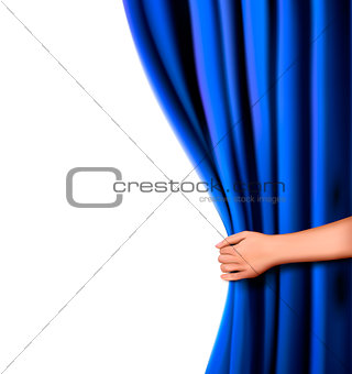 Background with blue velvet curtain and hand. Vector illustration.