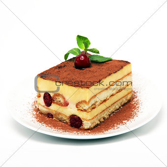 A piece of tiramisu cake on a white plate