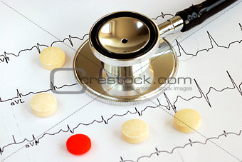 A stethoscope on the top of the EKG chart with pills concept of modern medicine