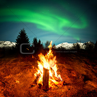 Camp Fire Watching Northern Lights