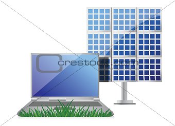 green it concept with laptop and solar cell panel