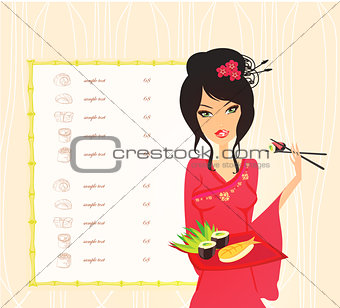beautiful Asian girl enjoy sushi - menu template