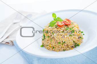 Chinese egg fried rice on dining table