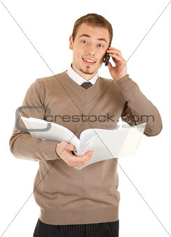 Manager with document folder calling by the phone