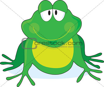 A simple outline of a smiling frog with large eyes, painted green and yellow.