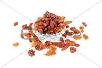 raisins close- up in glass bowl isolated on white background 