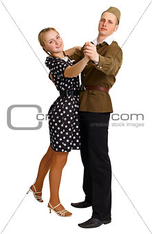 Pair in old-fashioned clothes dancing isolated on white
