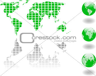 the vector green world map and globe