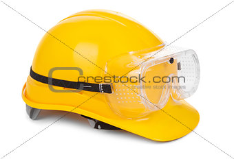 yellow hard hat and goggles