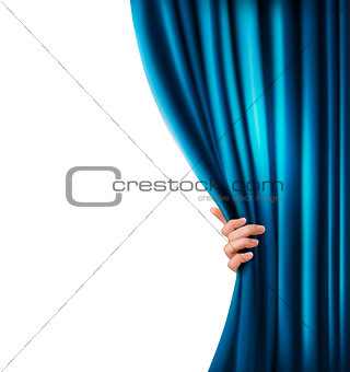 Background with blue velvet curtain and hand. Vector illustratio