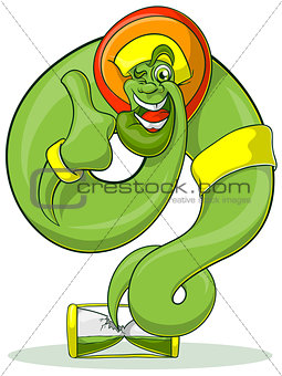 Green Genie rastaman flying out hourglass. Jolly Genie shows thumb.