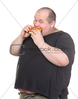 Fat Man Greedily Eating Hamburger