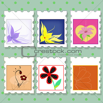 vector set of postage stamps with flowers