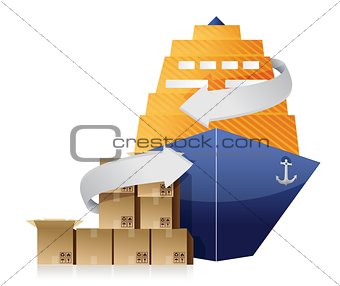 cargo ship, boxes, and movement arrows