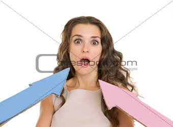 Arrows points on confused young woman