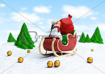 santa sleigh and Santa's Sack with Gifts snowman fir tree