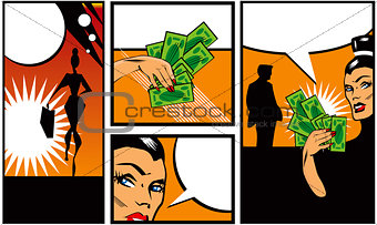 Pop art Comic Book Style Banners with woman man and money Talkin
