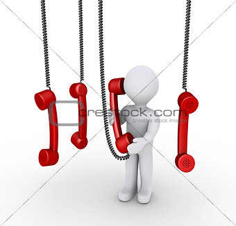Person talking on phone receiver and others hanging from above