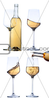 Set of glass with white  wine on white background. Empty or splashing.