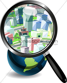 Globe under a magnifying glass and the city