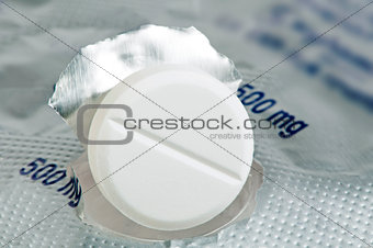 White pill in a pack very close up