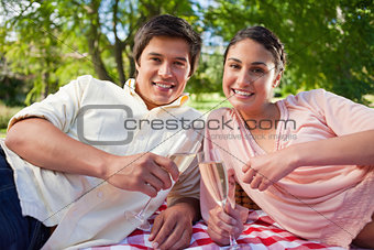 Two friends looking ahead while holding glasses during a picnic