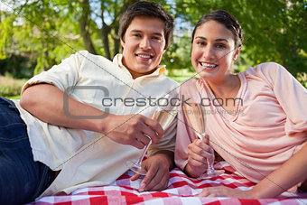 Man and his friend smiling while holding glasses during a picnic