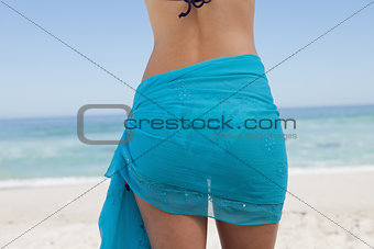 Rear view of a young woman standing in front of the sea with a s