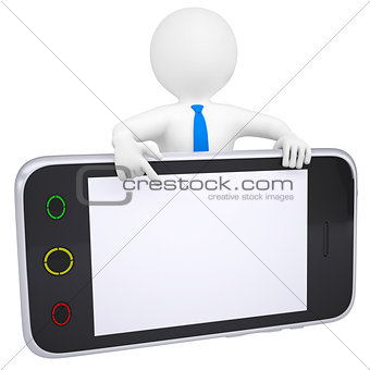 3d man points a finger at the screen smartphone