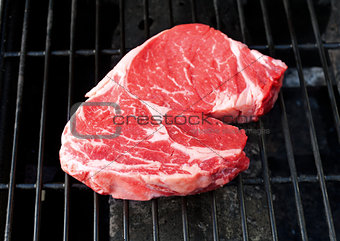 Raw Steak on a Grill