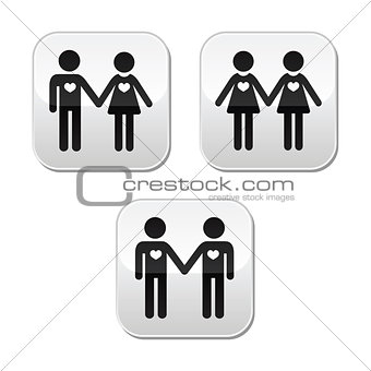Man and woman, gay and lesbian couples vector buttons set