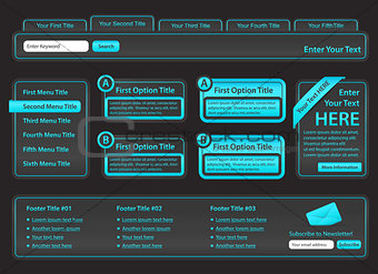 Template for website elements in light blue color and dark background