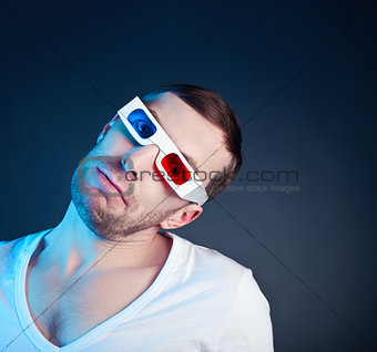 man and stereo glasses
