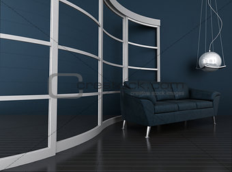 blue leather sofa is in a dark modern interior
