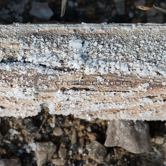Natural salt crystal on wooden square log