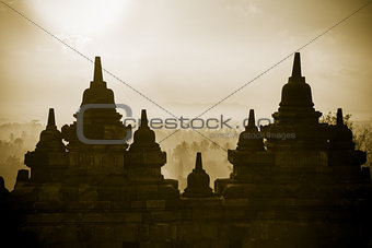 Borobudur Temple wall at sunrise. Indonesia. 