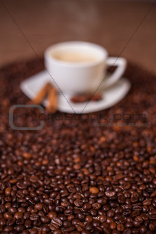 Coffee cup on dark roasted beans 