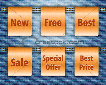 Blue jeans background with brown leather shopping labels