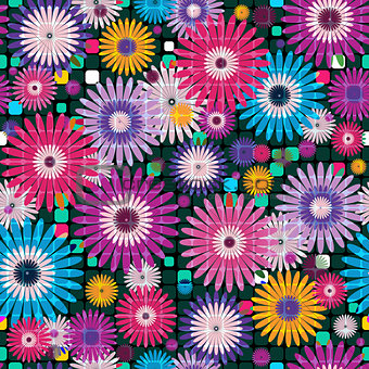 Seamless vivid floral checkered pattern