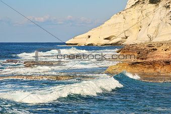 Rocks and waves. Mediterranean sea, Israel.