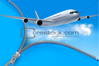 Travel background with airplane and white clouds 