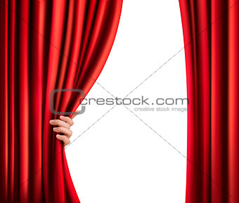 Background with red velvet curtain and hand. Vector illustration