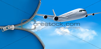 Travel background with airplane on blue sky. Vector