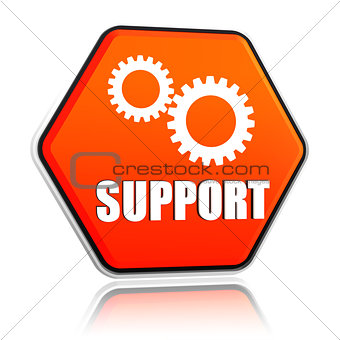 support and gears sign in hexagon button