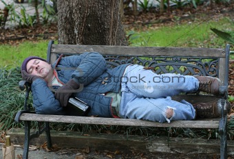 Homeless Man On Bench - Full View