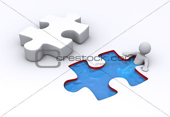 Person is inside puzzle shaped pool and puzzle piece