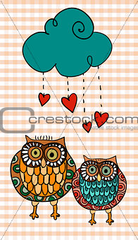 Valentine two owls under love rain