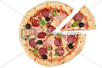 Sliced Pizza with ham, mushrooms and pepperoni