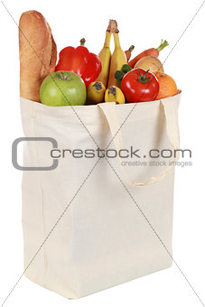 Reusable shopping bag filled with vegetables and fruits