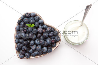 White yogurt and blueberries in a bowl 